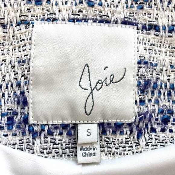 JOIE Tesita Fringed Woven Boucle Crop Zip Front Jacket Blue & Ivory - Picture 7 of 16